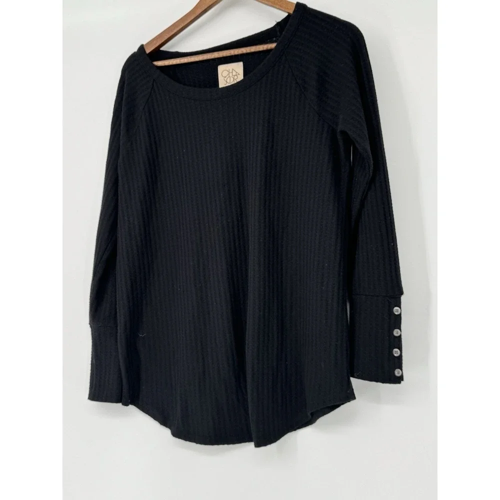 Chaser L Black Thermal Waffle Knit Tunic Long Sleeve‎ Button Cuff Whimsigoth